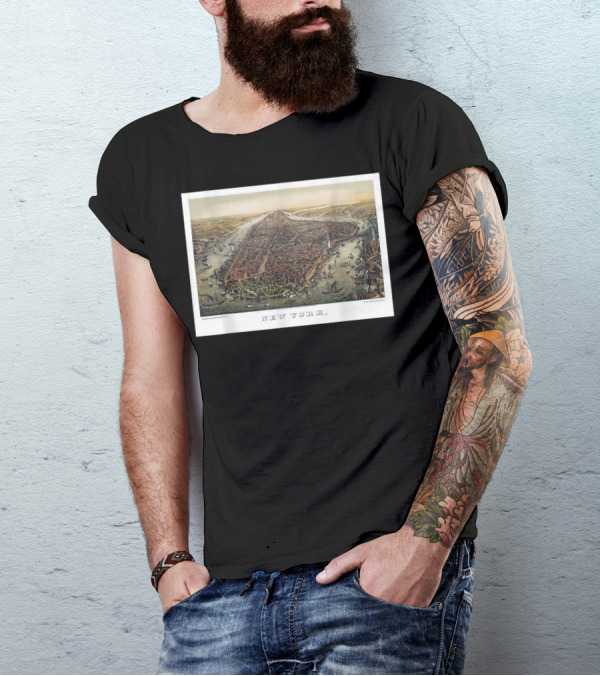 Antique Map Of New York City Manhattan Vintage Aerial View T-Shirt