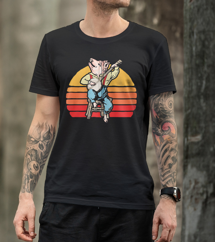 Banjo Pickin' Pig Vintage 80's Sun Retro Music Fun T-Shirt