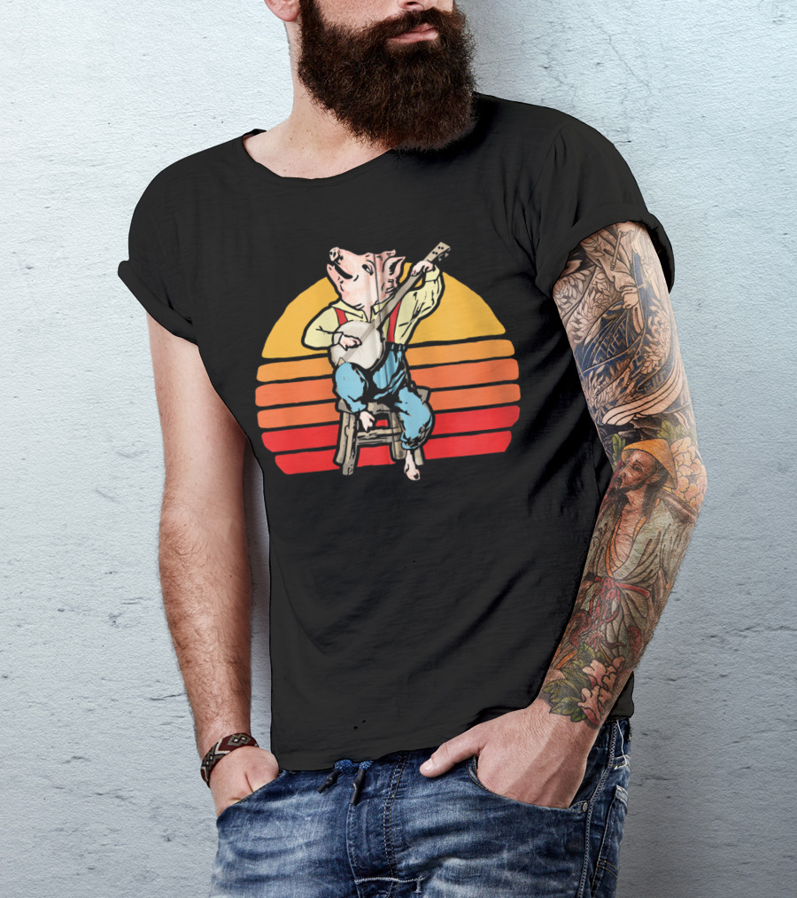 Banjo Pickin' Pig Vintage 80's Sun Retro Music Fun T-Shirt