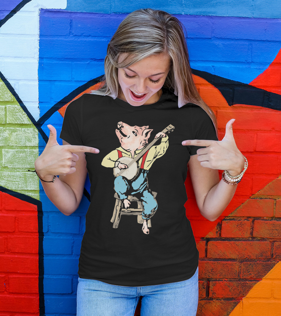 Banjo Pickin' Pig Vintage Music Cartoon Character T-Shirt