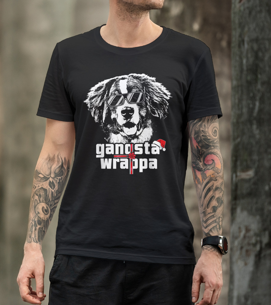 Bernese Mountain Dog Gangsta Wrappa With Sunglasses And Santa Hat T-Shirt