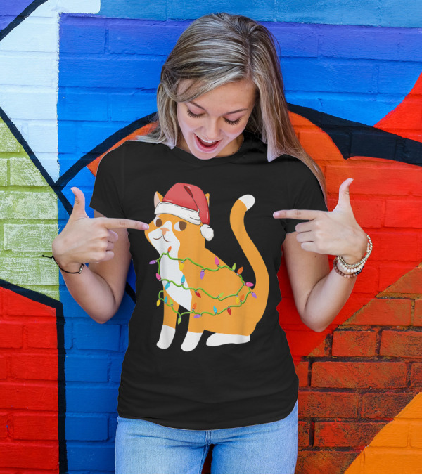 Cats Tree Christmas Xmas Pet Santa Hat Lights T-Shirt