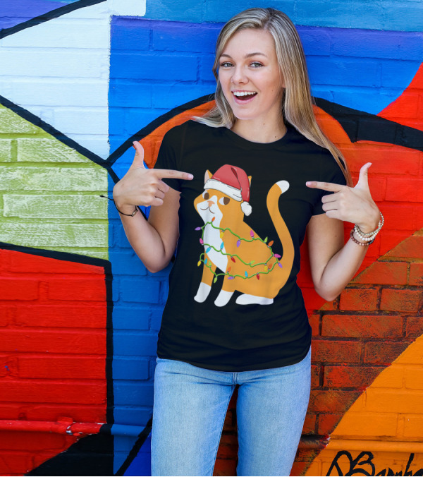 Cats Tree Christmas Xmas Pet Santa Hat Lights T-Shirt