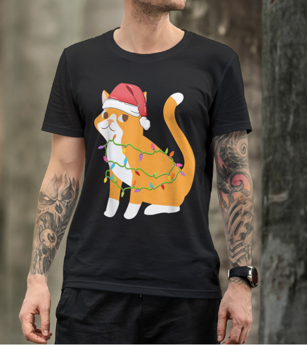 Cats Tree Christmas Xmas Pet Santa Hat Lights T-Shirt