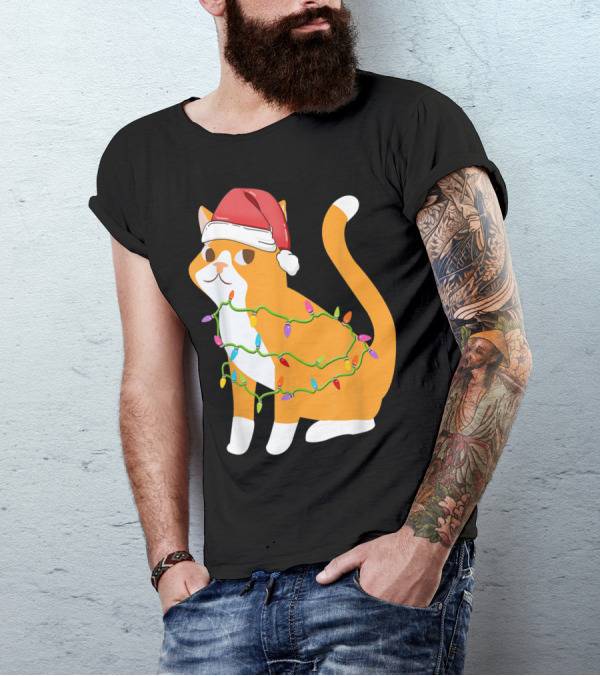 Cats Tree Christmas Xmas Pet Santa Hat Lights T-Shirt