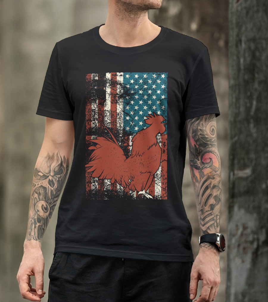 Rooster With Vintage USA Flag Background For Chicken Fans T-Shirt