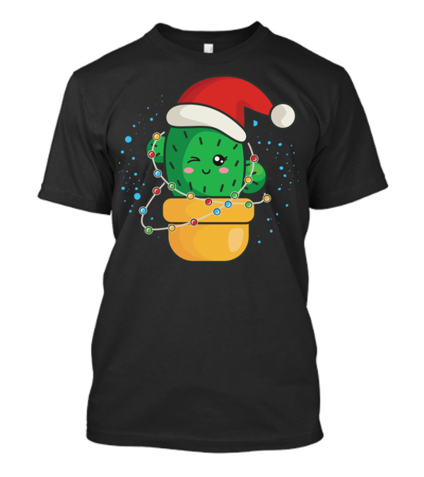 Christmas Cactus In Santa Hat With Holiday Lights T-Shirt