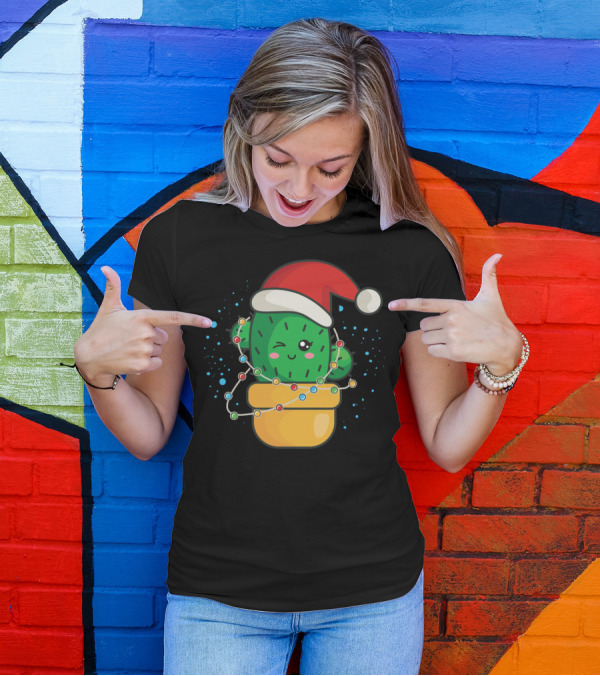 Christmas Cactus In Santa Hat With Holiday Lights T-Shirt