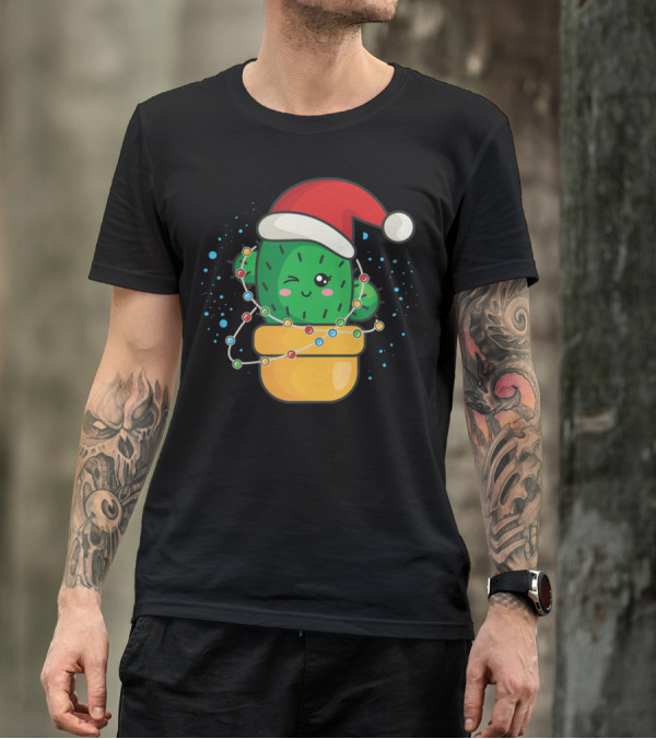 Christmas Cactus In Santa Hat With Holiday Lights T-Shirt