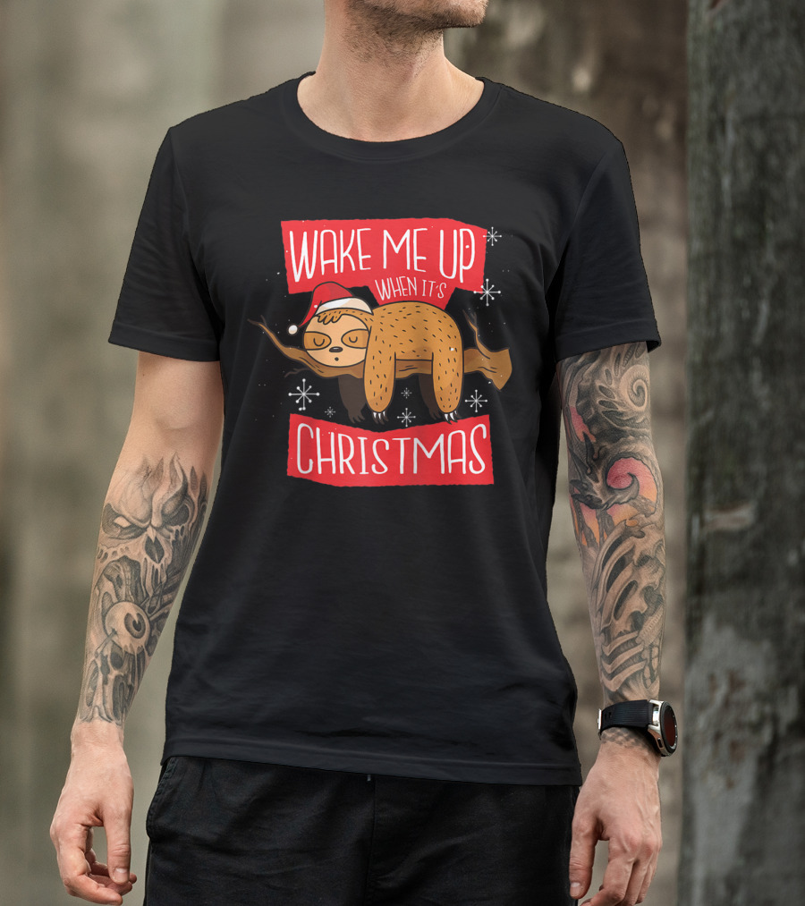 Wake Me Up When It's Christmas Sloth Wearing Santa Hat Sleeping T-Shirt