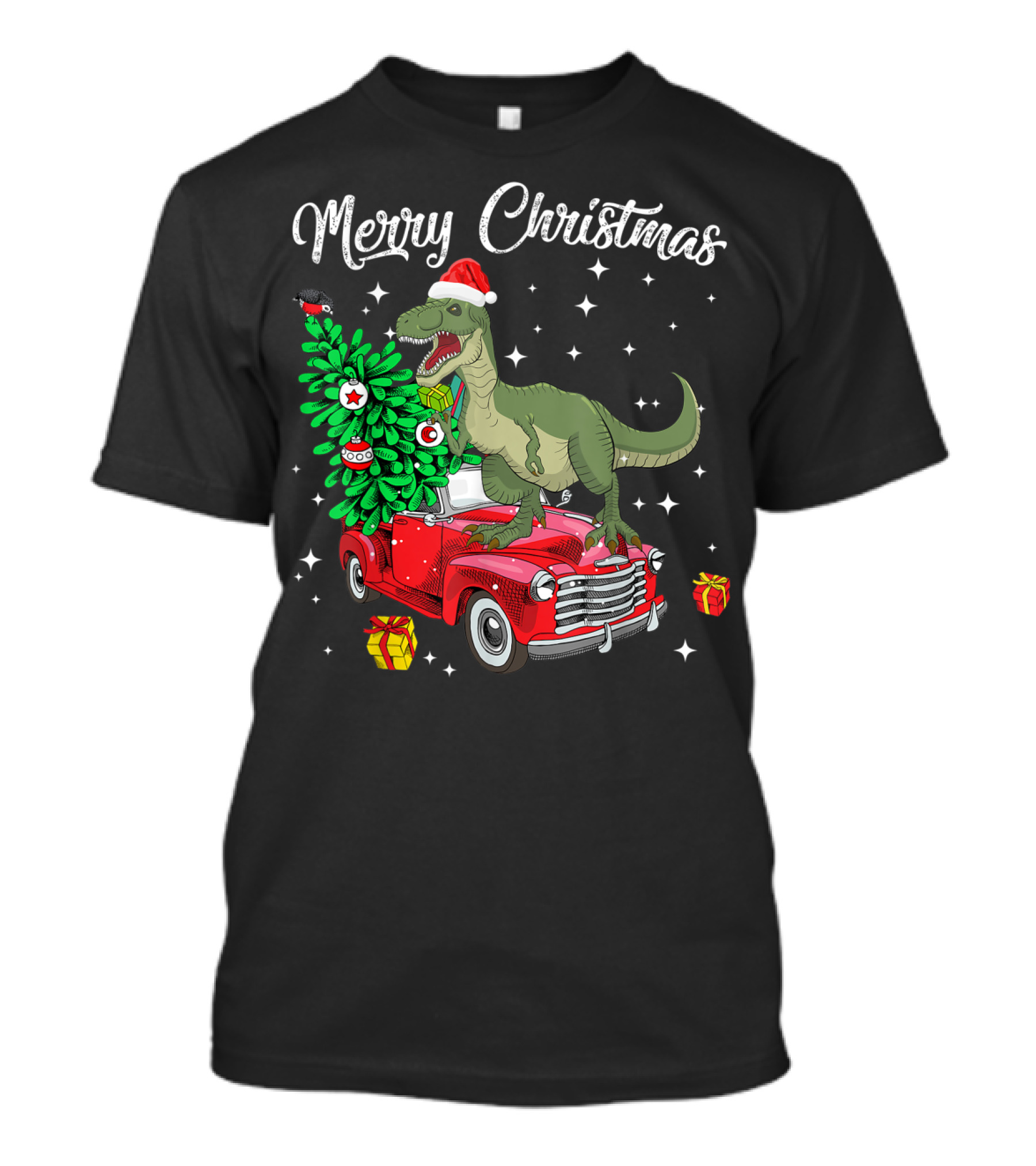 Merry Christmas Dinosaur T-Rex Tree On Red Truck With Presents T-Shirt