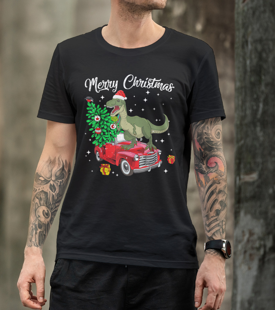 Merry Christmas Dinosaur T-Rex Tree On Red Truck With Presents T-Shirt