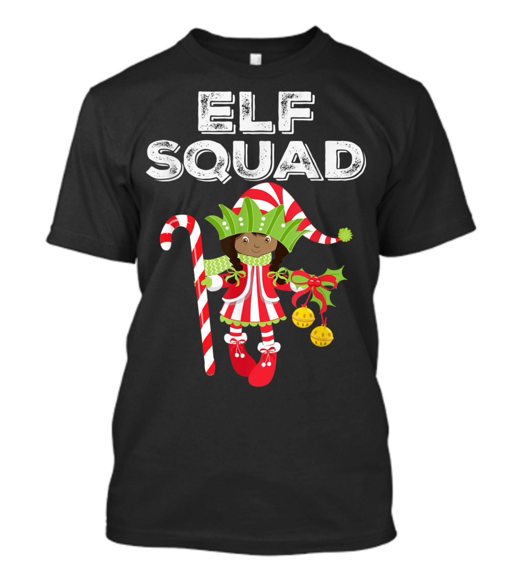 Elf Squad Cute Girl Christmas Candy Cane Bells T-Shirt