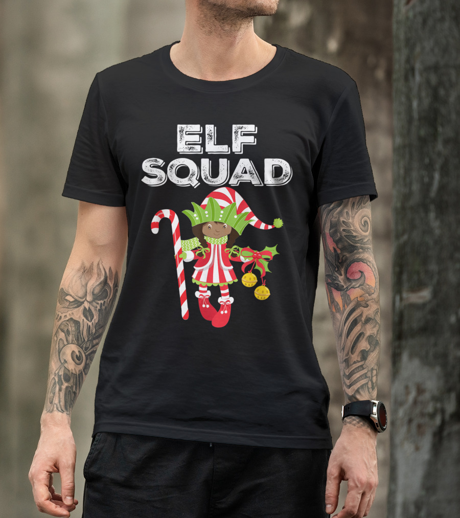 Elf Squad Cute Girl Christmas Candy Cane Bells T-Shirt