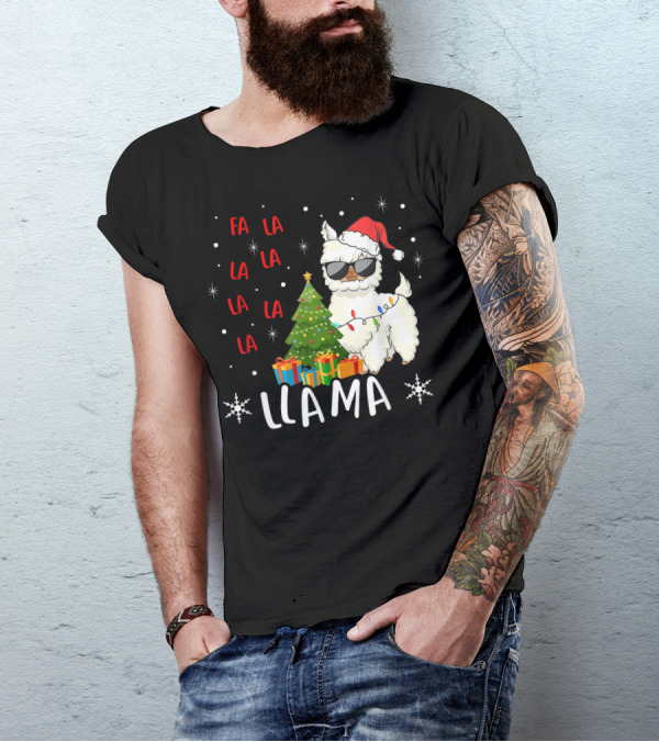 Fa La La Llama Llama Christmas Santa Hat Sunglasses Tree Presents T-Shirt