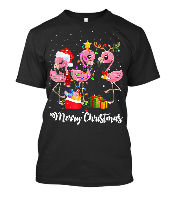 Merry Christmas Funny Flamingo Xmas Lights Santa Hat Gifts T-Shirt