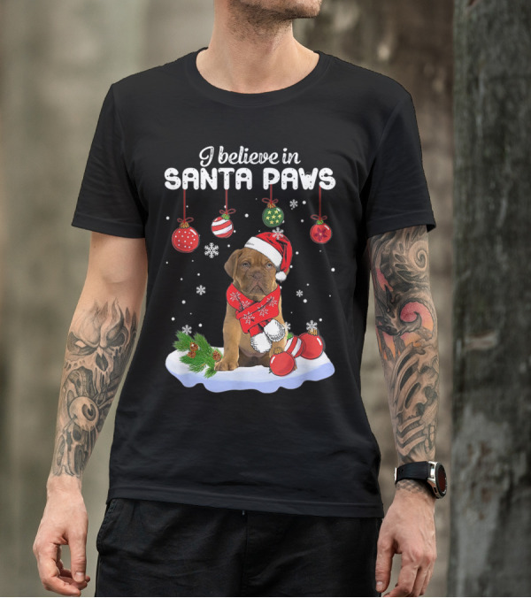 I Believe In Santa Paws Dogue De Bordeaux Christmas Scene T-Shirt