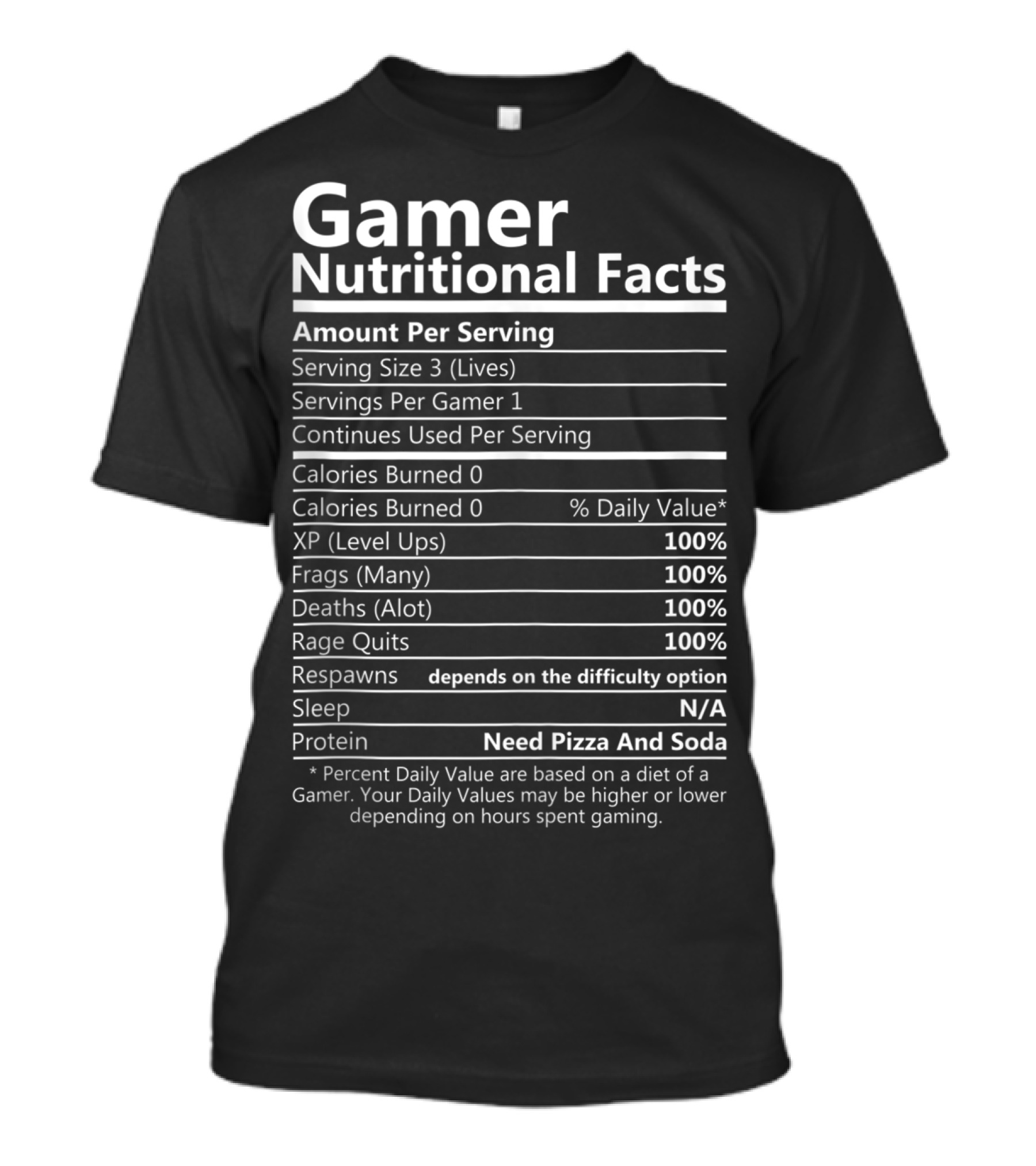 Gamer Nutritional Facts Video Game Level Ups Frags Deaths Rage Quits Pizza Soda T-Shirt