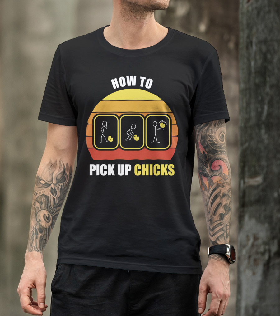 How To Pick Up Chicks Stick Figure Humor Retro Sunset T-Shirt