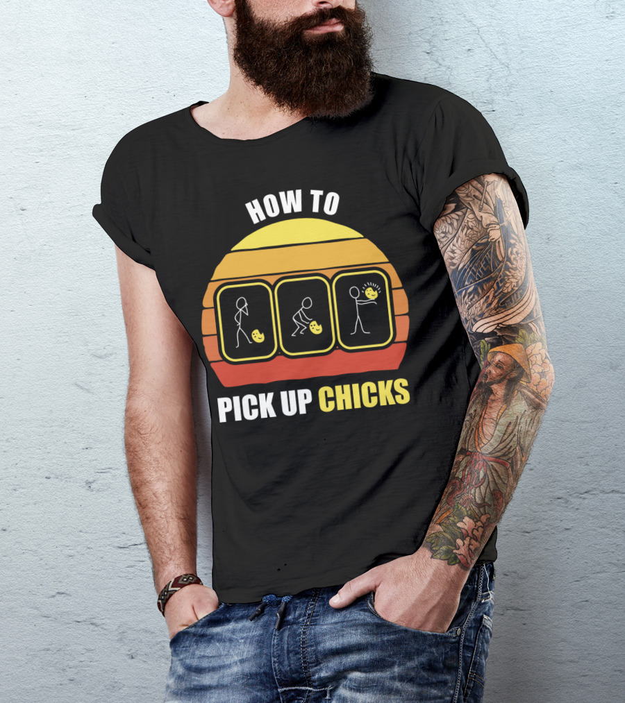 How To Pick Up Chicks Stick Figure Humor Retro Sunset T-Shirt
