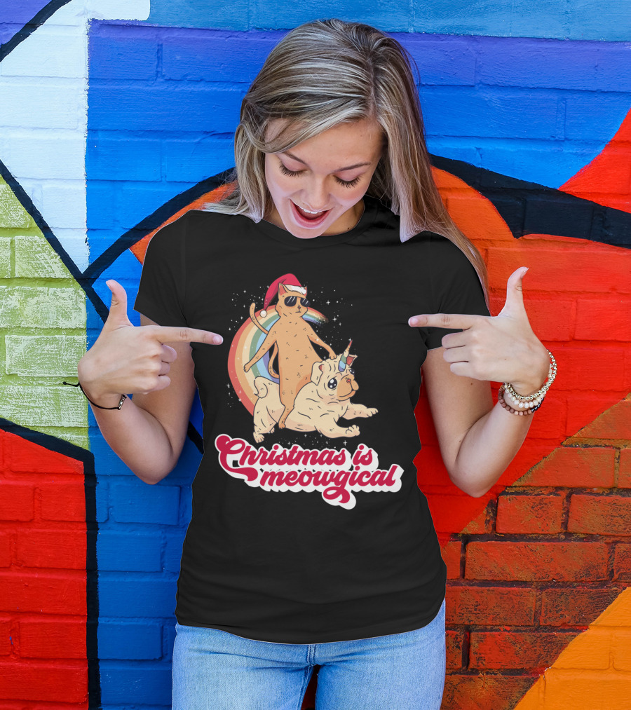 Christmas Is Meowgical Funny Santa Cat Pug Unicorn Rainbow T-Shirt