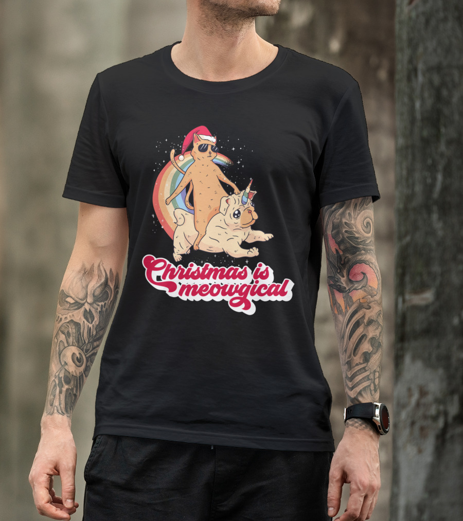 Christmas Is Meowgical Funny Santa Cat Pug Unicorn Rainbow T-Shirt