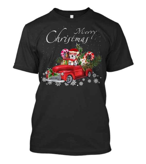 Merry Christmas Cute Santa Dalmatian Riding Red Truck With Candy Canes And Snowflakes T-Shirt