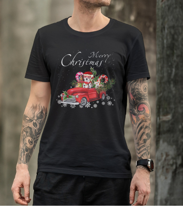 Merry Christmas Cute Santa Dalmatian Riding Red Truck With Candy Canes And Snowflakes T-Shirt