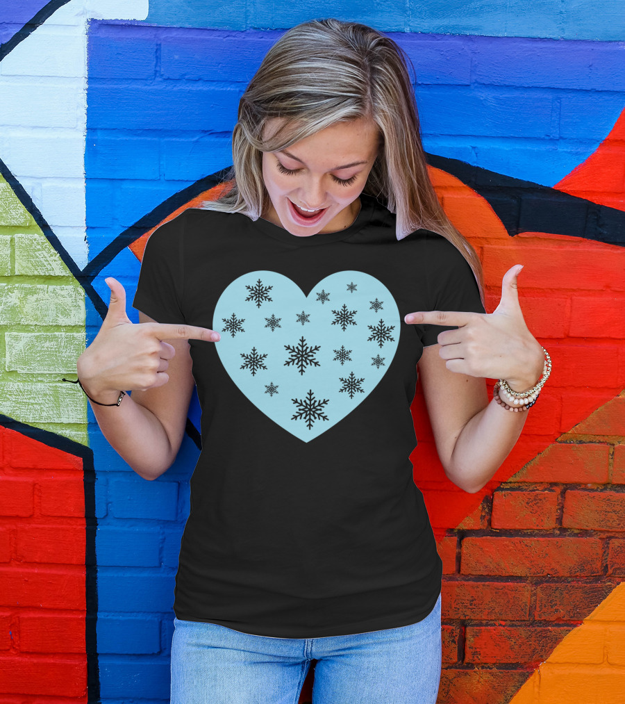 Cute Blue Heart With Black Snowflakes Cold Frozen Winter T-Shirt