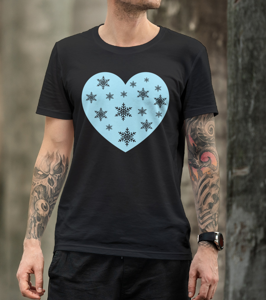 Cute Blue Heart With Black Snowflakes Cold Frozen Winter T-Shirt