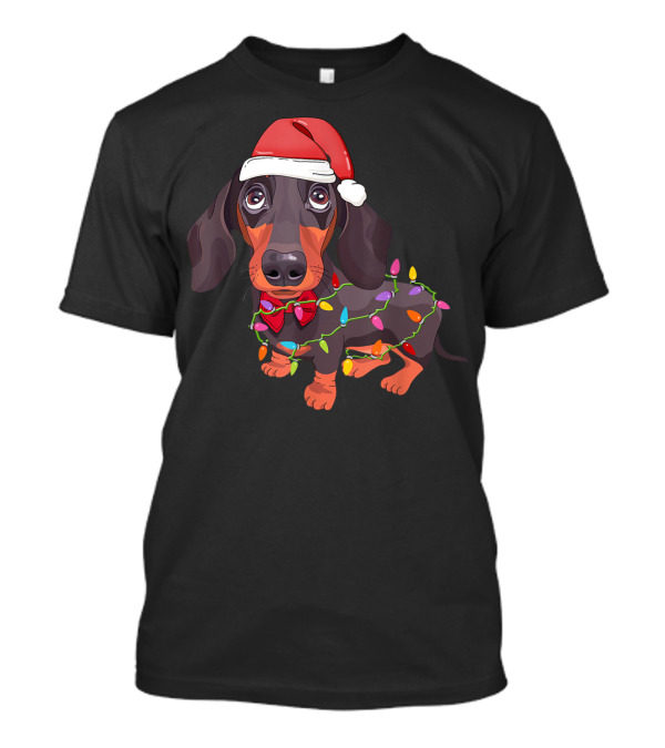 Dachshund Dog With Santa Hat And Christmas Lights T-Shirt