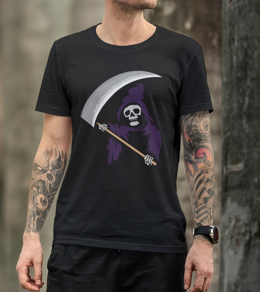 Grim Reaper Cute Halloween Dark Humor Skeleton Scythe Purple Hood T-Shirt