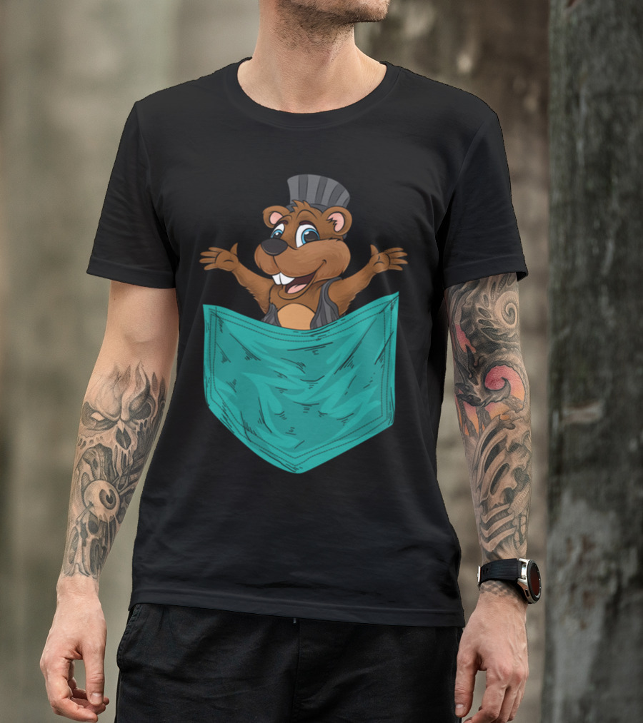 Groundhog Popping Out Of Pocket Cartoon For Groundhog Day Marmots T-Shirt