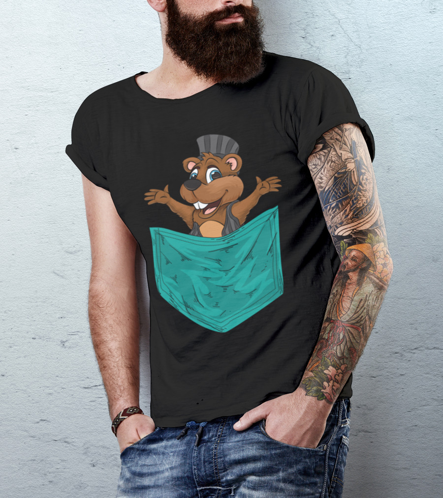 Groundhog Popping Out Of Pocket Cartoon For Groundhog Day Marmots T-Shirt