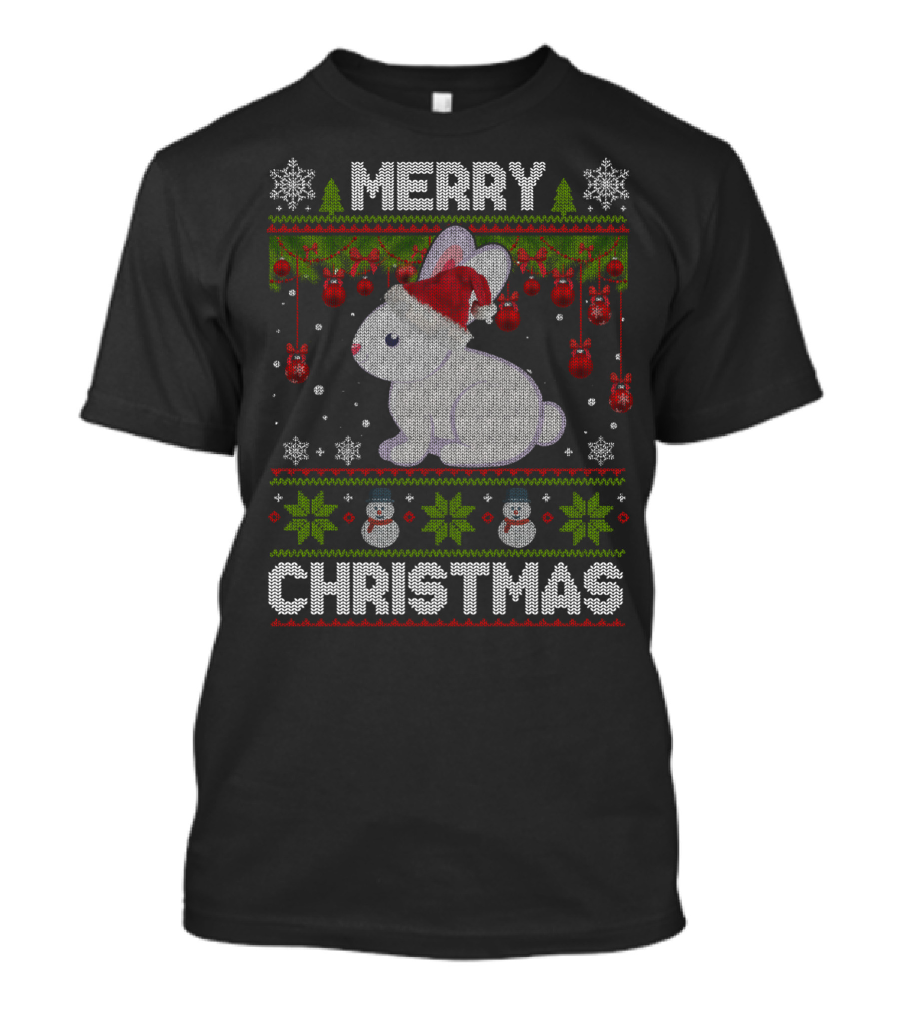 Merry Christmas Santa Hat Rabbit Snowflake And Snowman Lover T-Shirt