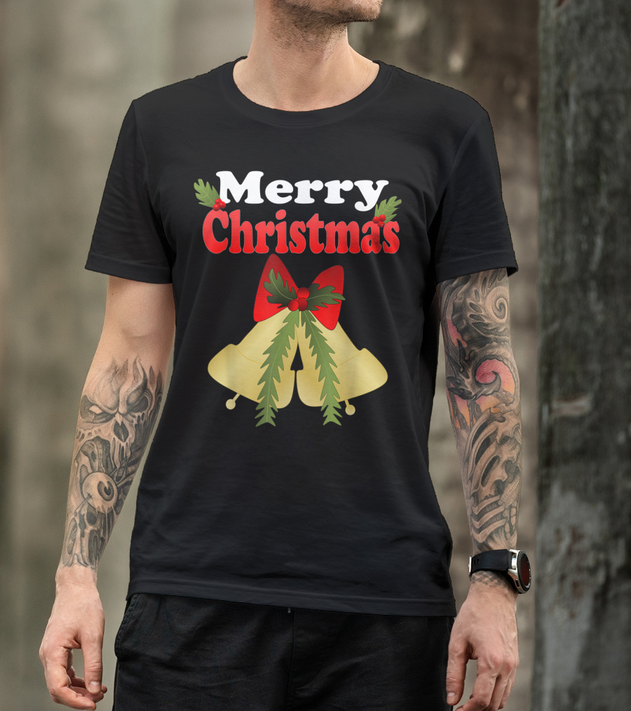 Merry Christmas Jingle Bells Holiday With Holly And Bow T-Shirt