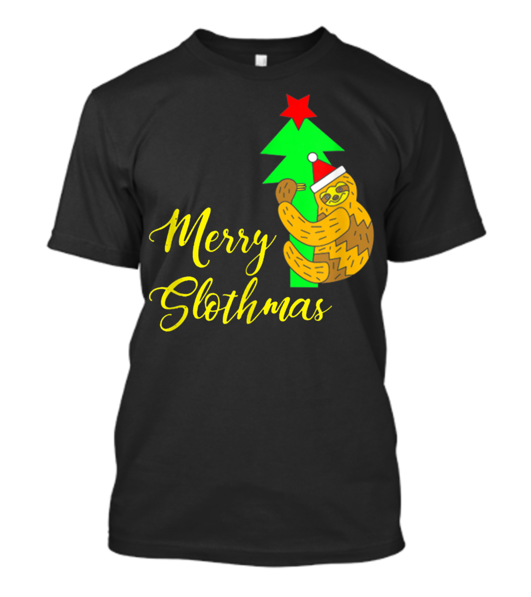 Merry Slothmas Santa Hat Sloth Hugging Christmas Tree T-Shirt