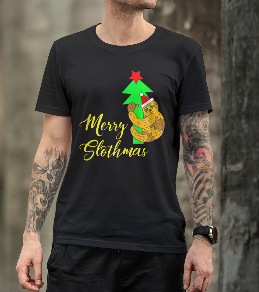 Merry Slothmas Santa Hat Sloth Hugging Christmas Tree T-Shirt