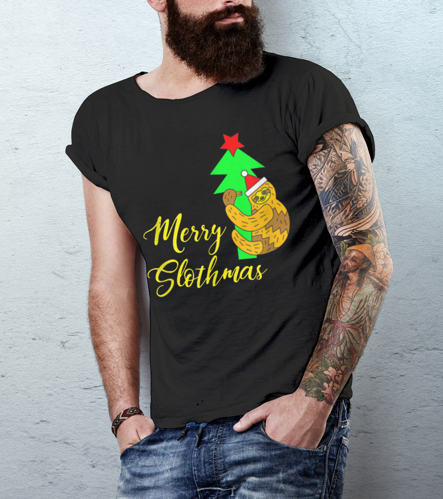 Merry Slothmas Santa Hat Sloth Hugging Christmas Tree T-Shirt