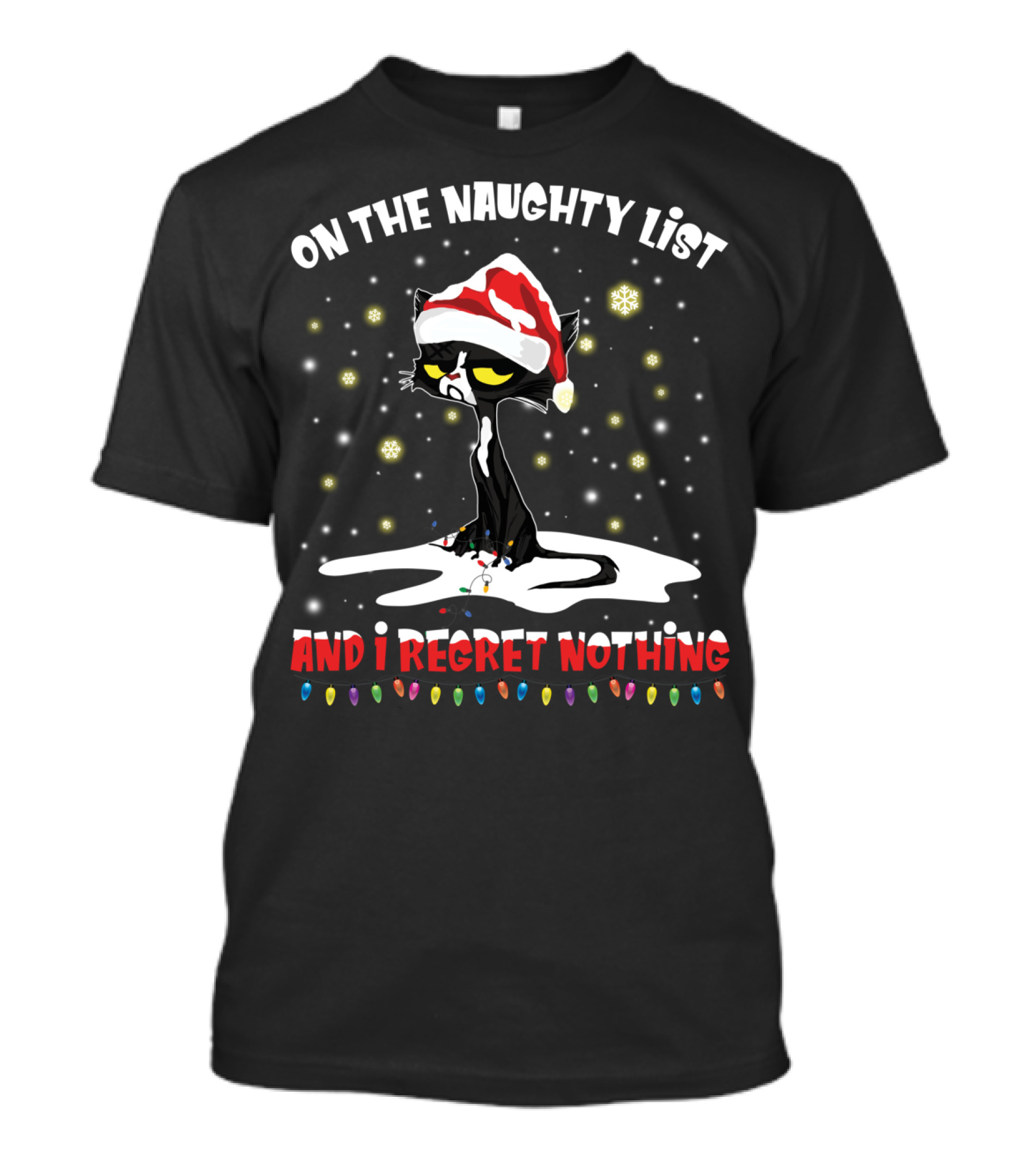 On The Naughty List Cat Santa Hat Regret Nothing Holiday Lights T-Shirt