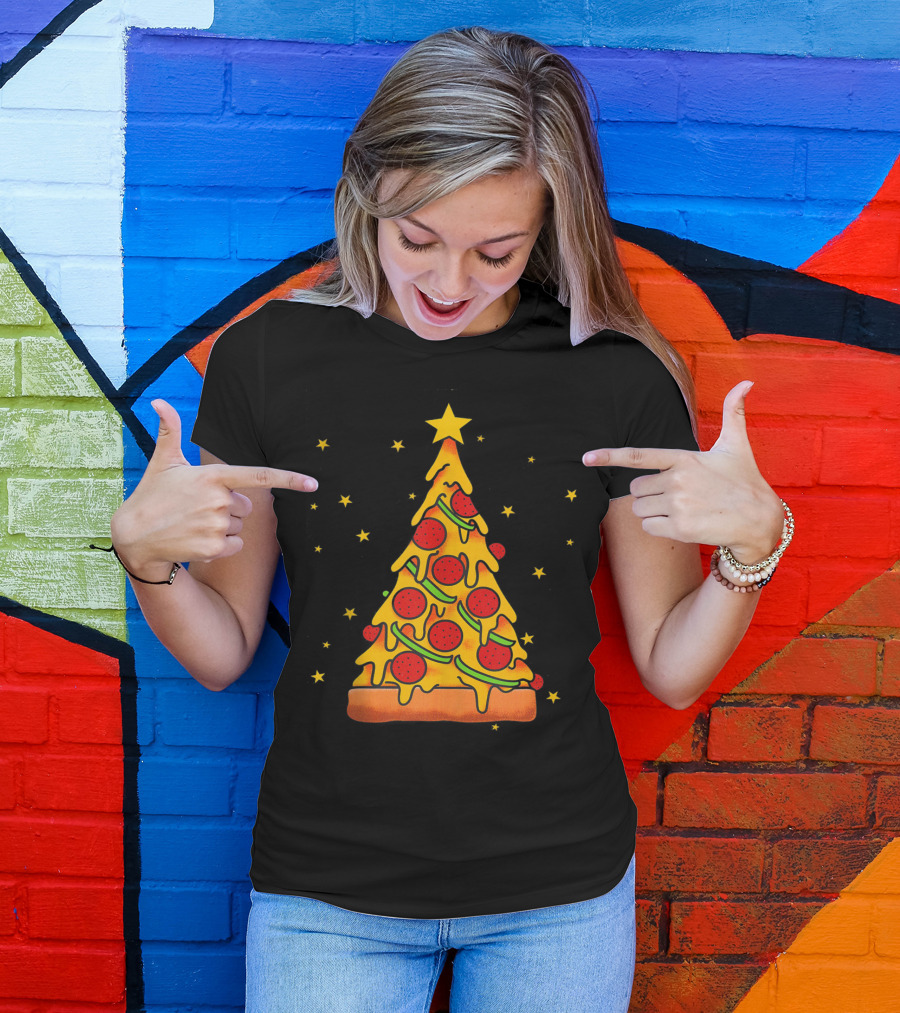 Pizza Christmas Tree Christmas Crustmas Pepperoni Stars T-Shirt