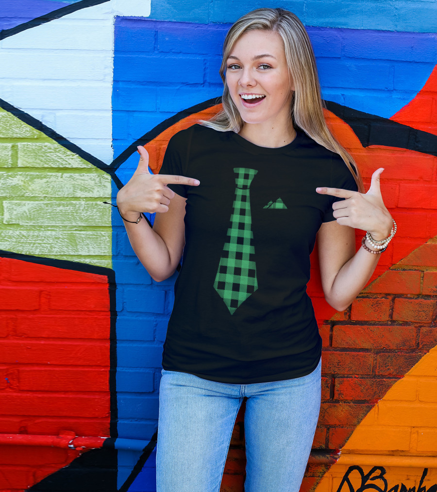 Green Plaid Fake Tie Holiday T-Shirt