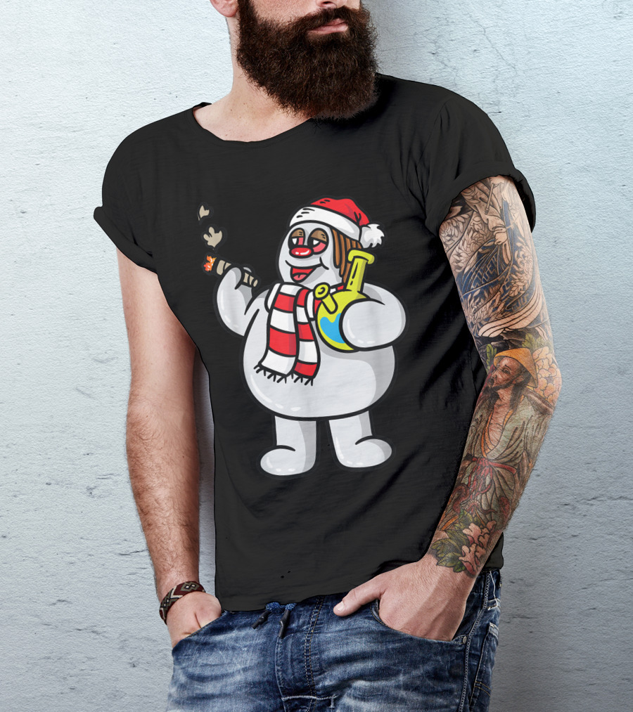 Rasta Snowman Smoking Weed Cannabis Marijuana Bong Xmas Hat T-Shirt