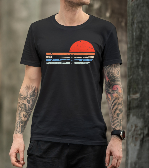 Retro Trumpet Musician Marching With Vintage Sunset T-Shirt