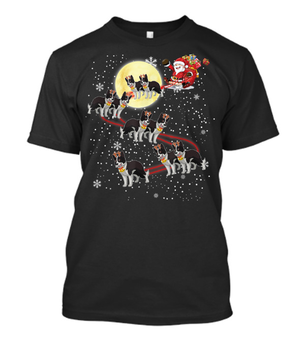 Santa's Border Collie Sleigh Under Moonlit Snowfall T-Shirt