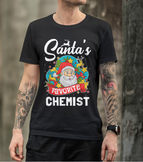 Santa's Favorite Chemist Christmas Santa Hat Reindeer Stars Bows T-Shirt