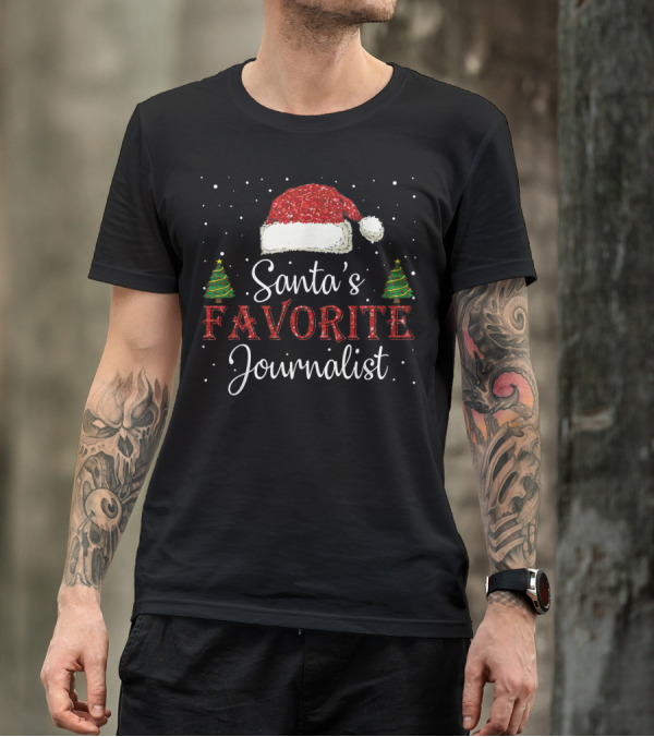 Santa's Favorite Journalist Christmas Hat Trees Snowflakes T-Shirt
