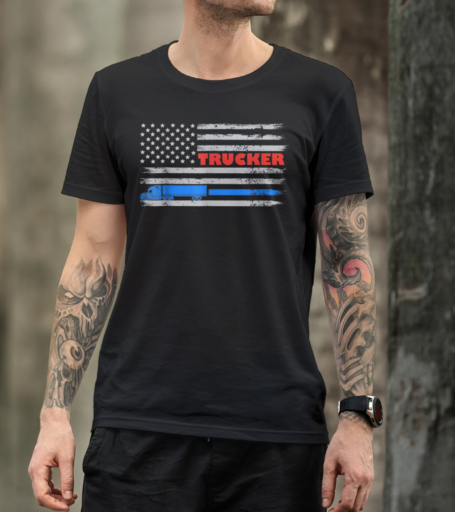 American Flag Trucker Truck Blue Line T-Shirt
