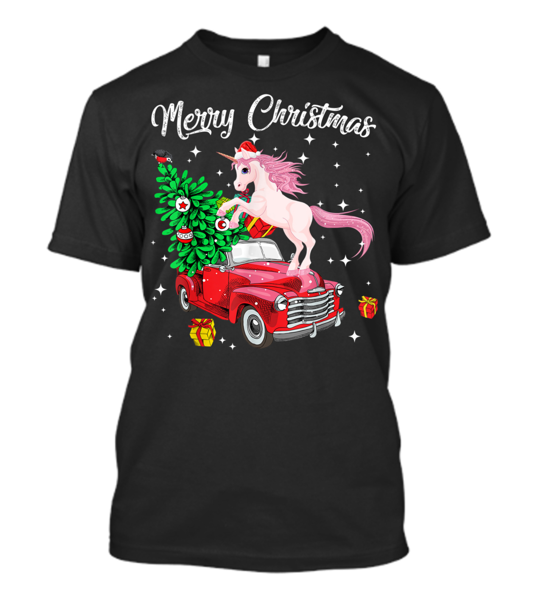 Merry Christmas Unicorn Pink Pony On Red Truck With Christmas Tree And Gifts T-Shirt