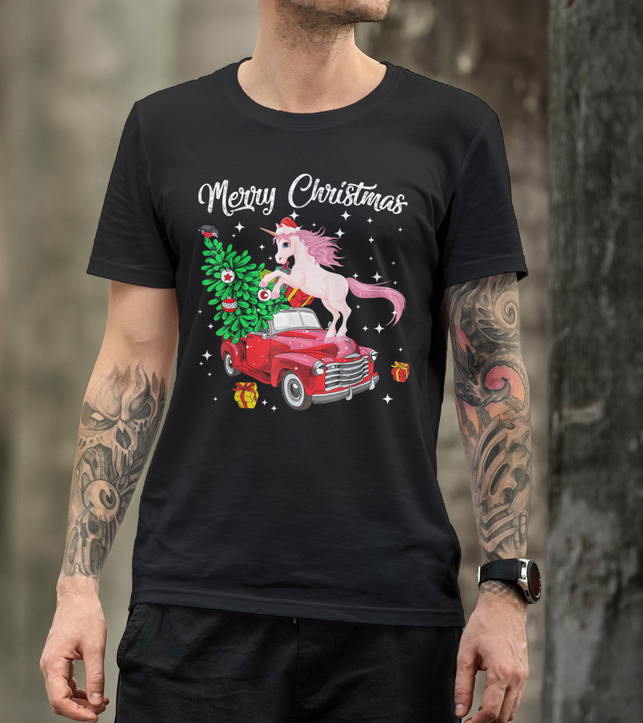 Merry Christmas Unicorn Pink Pony On Red Truck With Christmas Tree And Gifts T-Shirt